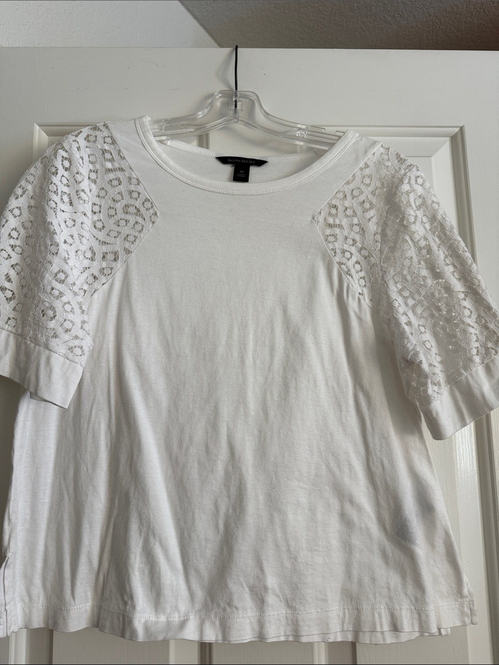 Banana Republic White Short-Sleeve Tee with Lace Sleeves